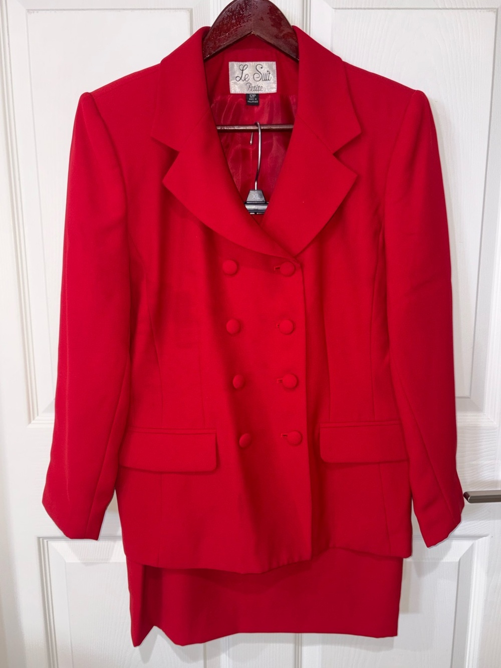 Le Suit Petite Red Skirt Suit 12P Double Breasted Blazer Career
